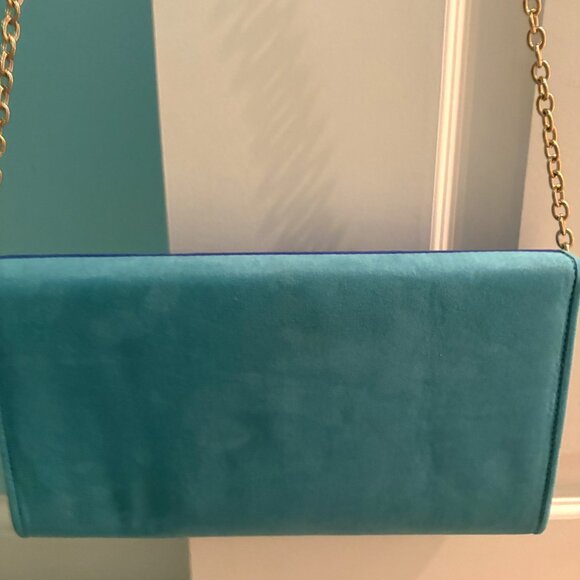 Aldo Color Block Teal and Cobalt Blue Suede Crossbody Clutch Gold Hardware NWT - Picture 10 of 12